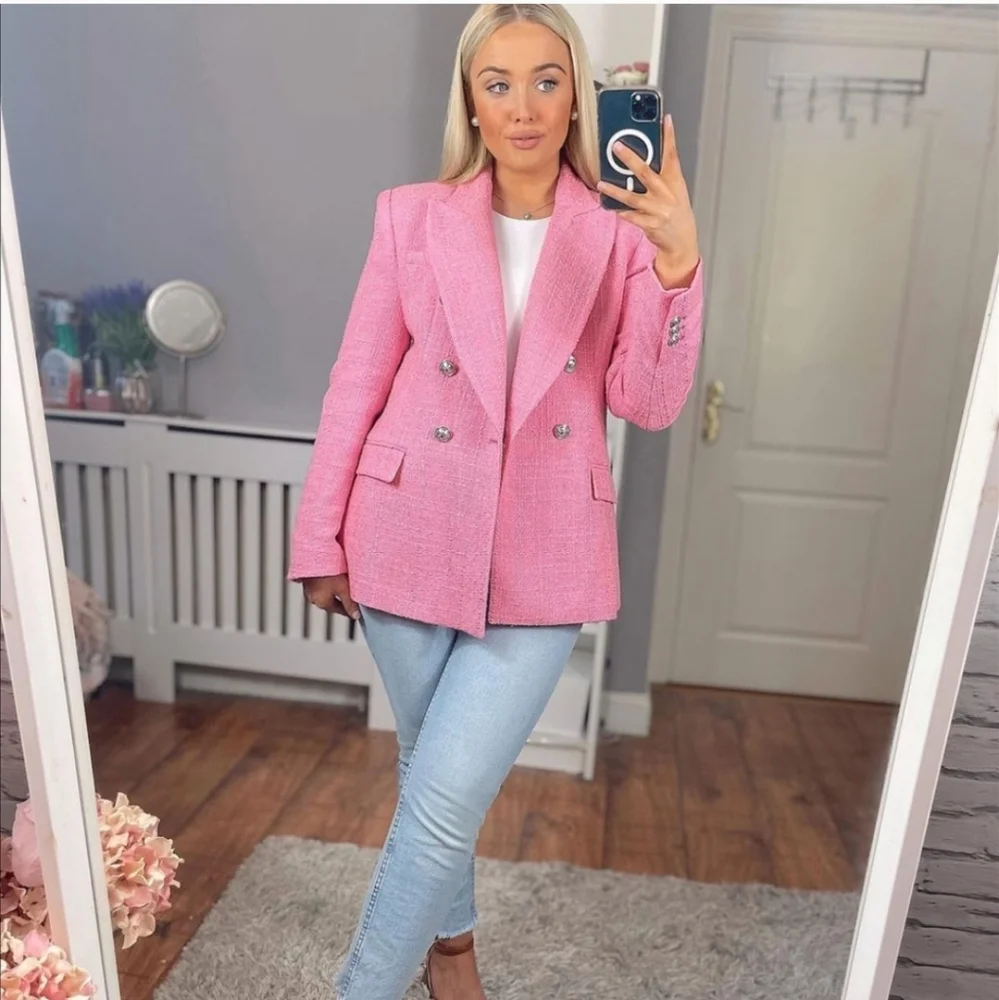 Zara Textured Tweed  Double Breasted  Blazer pink size S - Picture 4 of 17
